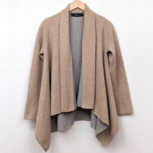 Zara Open Cardigan Waterfall Drapey Knit Duster Two-Tone Monochrome Tan Gray M